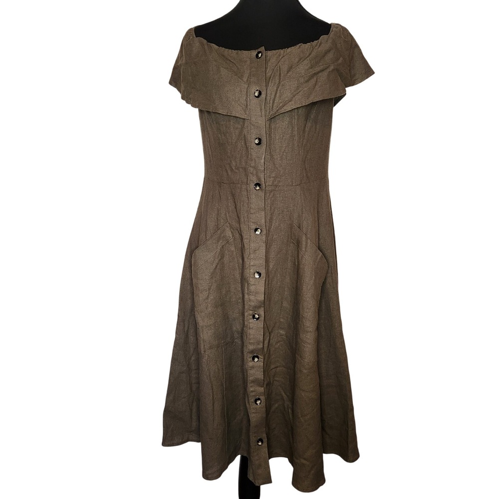SAKS FIFTH AVE Dress 10 Large Green Linen Blend‎ Off Shoulder Scoop Neck Pockets